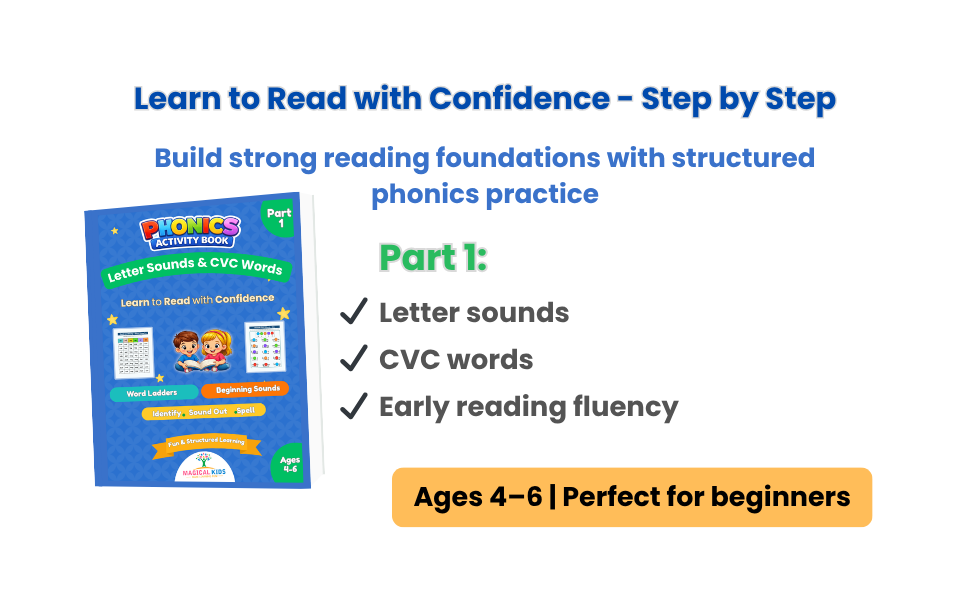 Phonics Activity Book Part 1 – Letter Sounds, CVC Words & Reading Skills | Ages 4–6