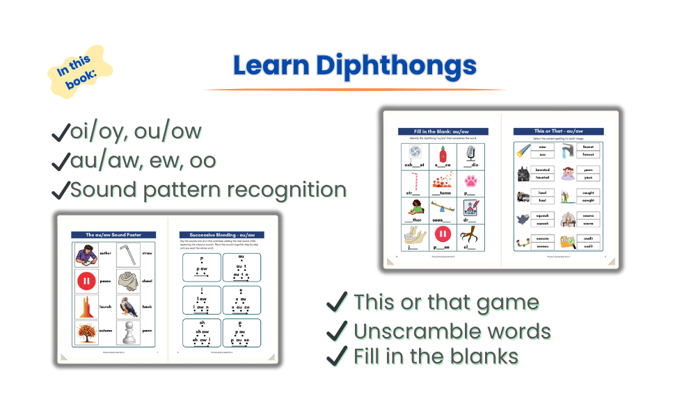 Phonics Activity Book Part 4 – Diphthongs & R-Controlled Vowels | Ages 5–7