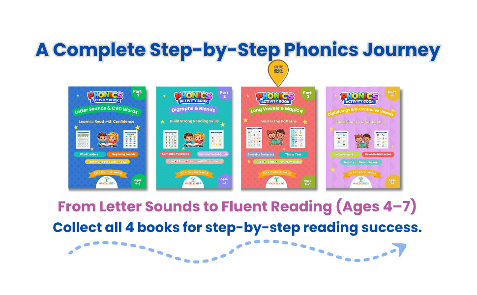 Phonics Activity Book Part 3 – Long Vowels & Magic e | Ages 5–7