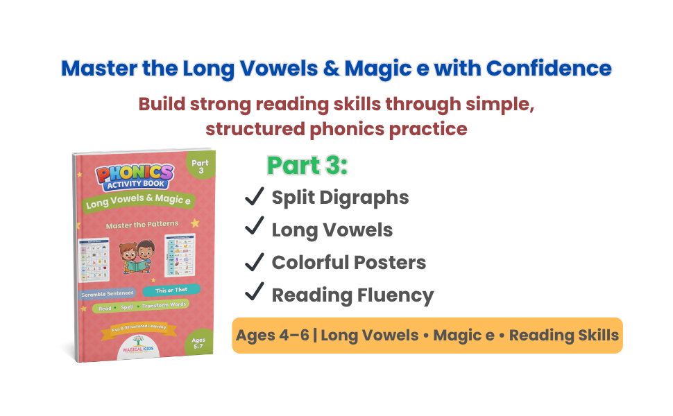 Phonics Activity Book Part 3 – Long Vowels & Magic e | Ages 5–7