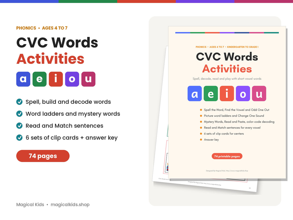 CVC Words Activities | Short Vowel Phonics Worksheets, Word Ladders, Clip Cards and Decodable Sentences