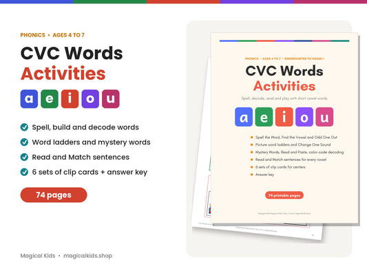 CVC Words Activities | Short Vowel Phonics Worksheets, Word Ladders, Clip Cards and Decodable Sentences