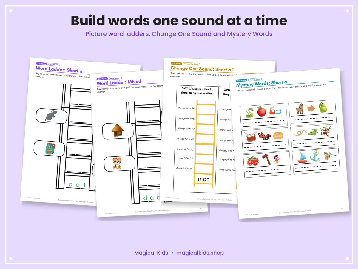 CVC Words Activities | Short Vowel Phonics Worksheets, Word Ladders, Clip Cards and Decodable Sentences