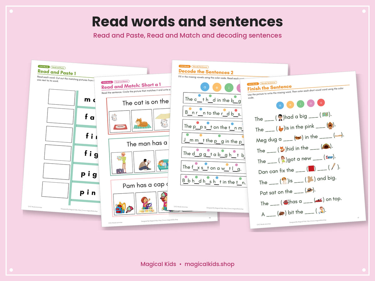 CVC Words Activities | Short Vowel Phonics Worksheets, Word Ladders, Clip Cards and Decodable Sentences