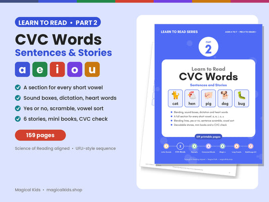 Learn to Read 2: CVC Words, Sentences and Stories | Short Vowel Phonics Worksheets, Sound Boxes, Decodable Stories, Heart Words | Science of Reading