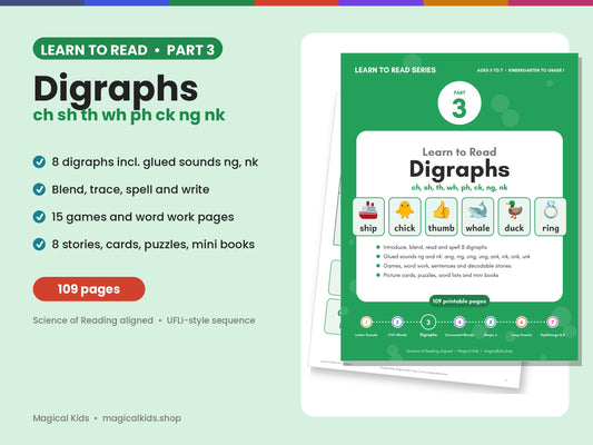 Learn to Read 3: Digraphs | ch, sh, th, wh, ph, ck and Glued Sounds ng, nk | Phonics Worksheets, Games, Decodable Stories, Mini Books | Science of Reading