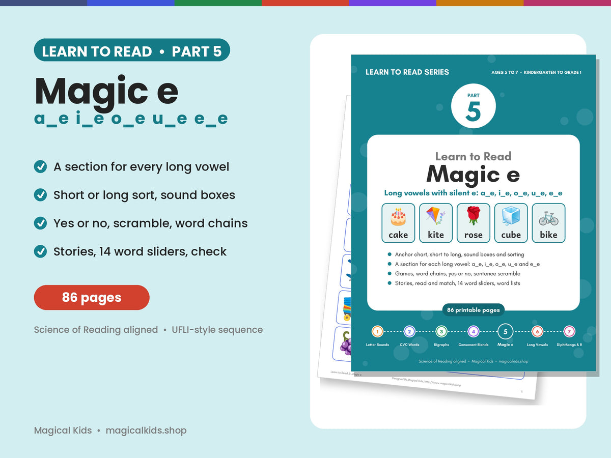 Learn to Read 5: Magic e | Silent e Long Vowels a_e, i_e, o_e, u_e, e_e | Phonics Worksheets, Games, Word Sliders, Decodable Stories | Science of Reading