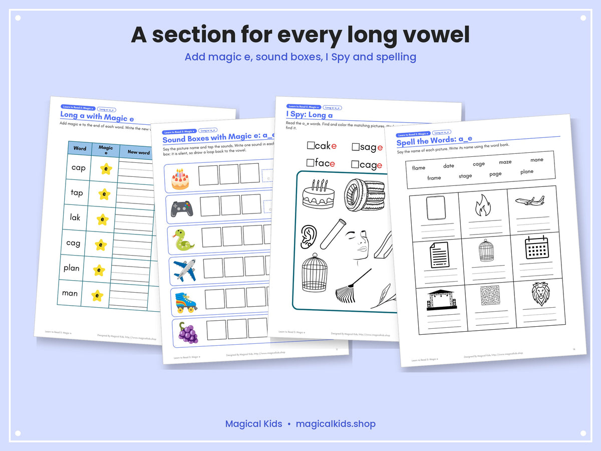 Learn to Read 5: Magic e | Silent e Long Vowels a_e, i_e, o_e, u_e, e_e | Phonics Worksheets, Games, Word Sliders, Decodable Stories | Science of Reading