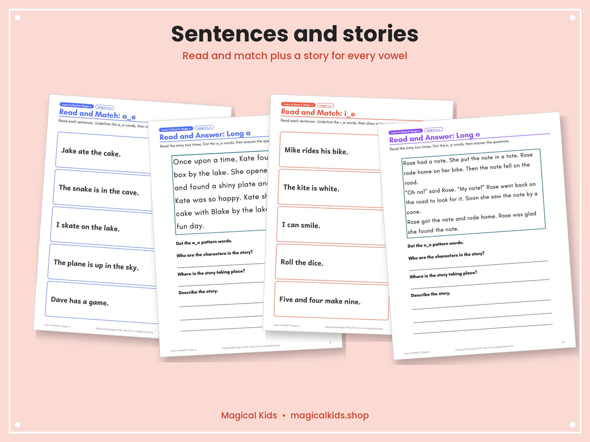 Learn to Read 5: Magic e | Silent e Long Vowels a_e, i_e, o_e, u_e, e_e | Phonics Worksheets, Games, Word Sliders, Decodable Stories | Science of Reading
