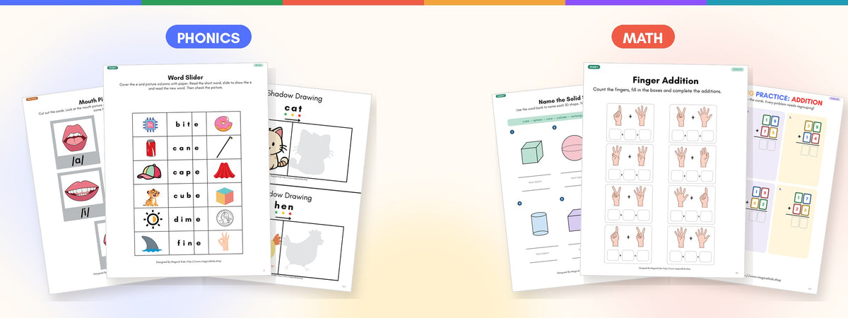 A selection of Magical Kids phonics and math printable activities