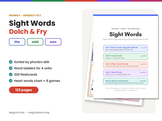 Dolch and Fry Sight Words | Sorted by Phonics Skill | Word Ladders, Heart Words, 320 Sentence Flashcards and Games | K-2 Science of Reading Printable
