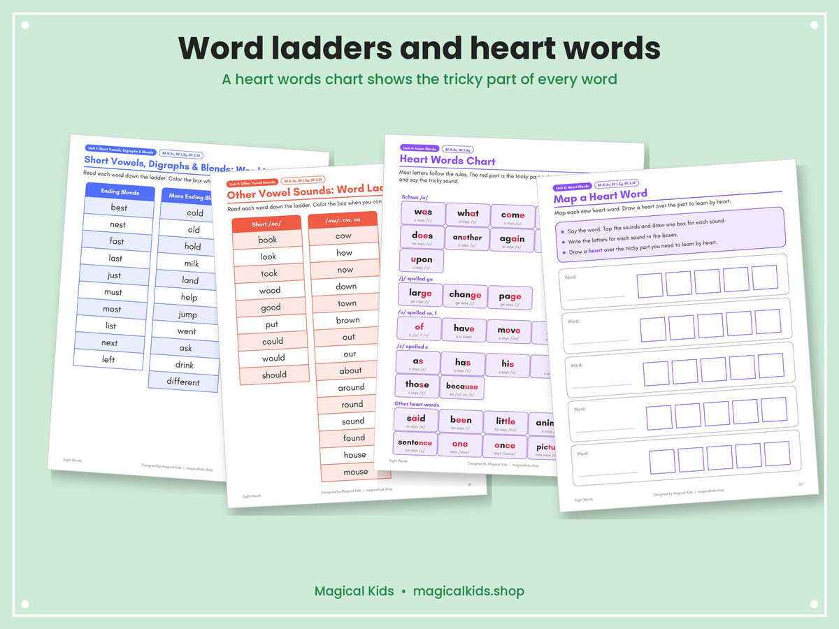 Dolch and Fry Sight Words | Sorted by Phonics Skill | Word Ladders, Heart Words, 320 Sentence Flashcards and Games | K-2 Science of Reading Printable