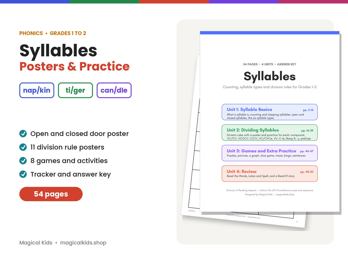 Syllables Posters and Practice | Open and Closed Syllables, 11 Division Rules, Division Mat, Games and Worksheets | 1st and 2nd Grade Phonics Printable