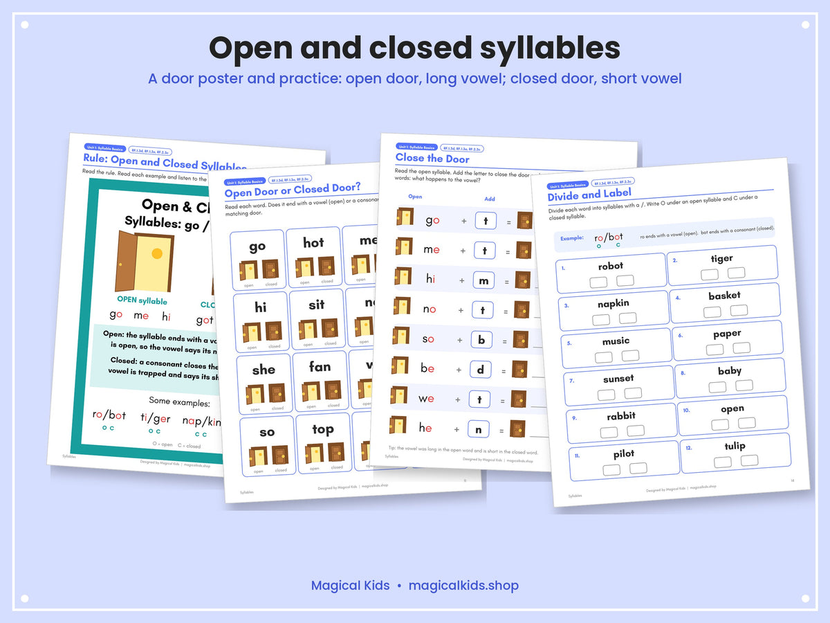 Syllables Posters and Practice | Open and Closed Syllables, 11 Division Rules, Division Mat, Games and Worksheets | 1st and 2nd Grade Phonics Printable