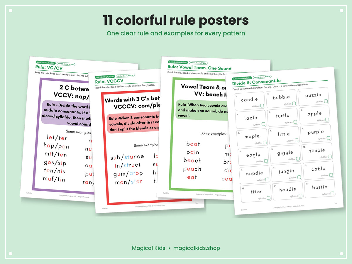 Syllables Posters and Practice | Open and Closed Syllables, 11 Division Rules, Division Mat, Games and Worksheets | 1st and 2nd Grade Phonics Printable