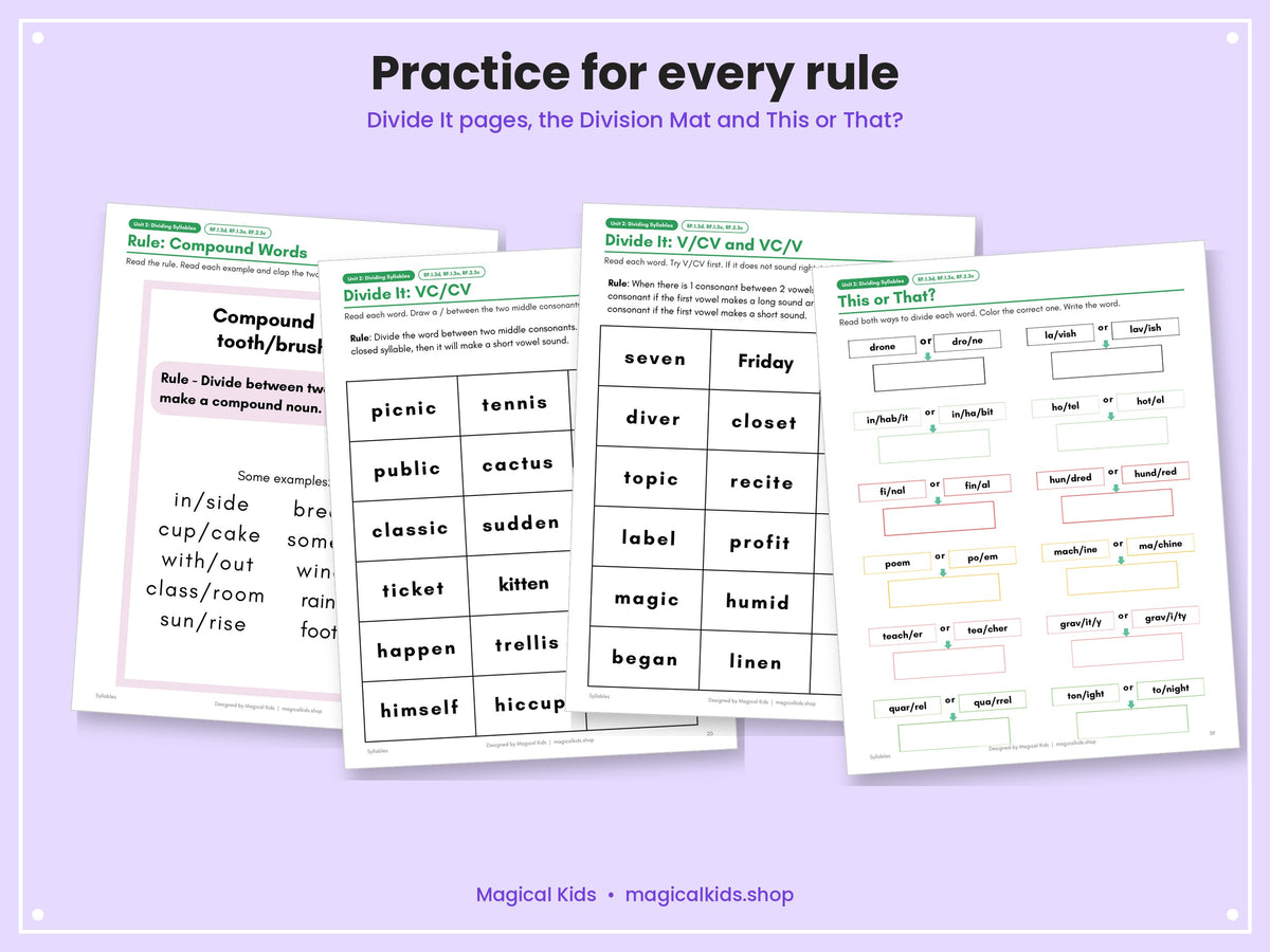 Syllables Posters and Practice | Open and Closed Syllables, 11 Division Rules, Division Mat, Games and Worksheets | 1st and 2nd Grade Phonics Printable