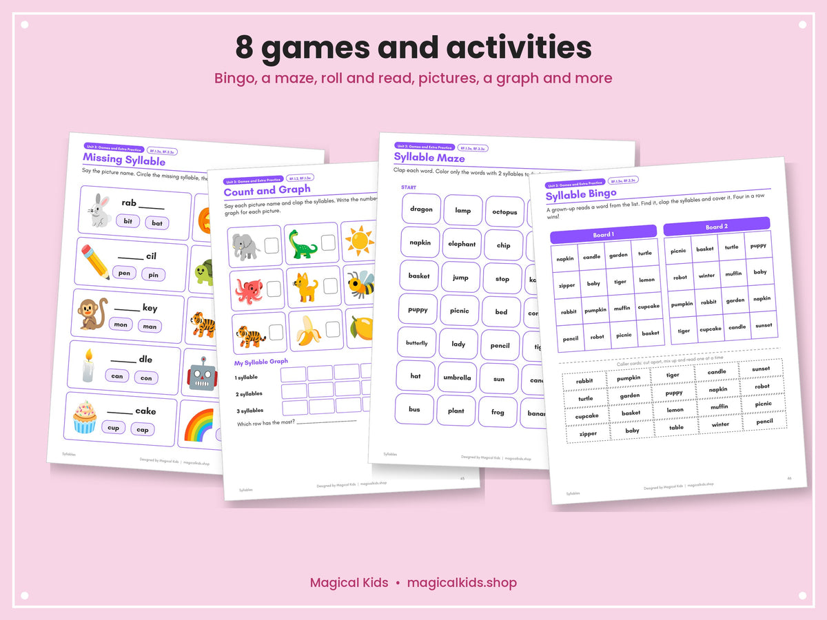 Syllables Posters and Practice | Open and Closed Syllables, 11 Division Rules, Division Mat, Games and Worksheets | 1st and 2nd Grade Phonics Printable