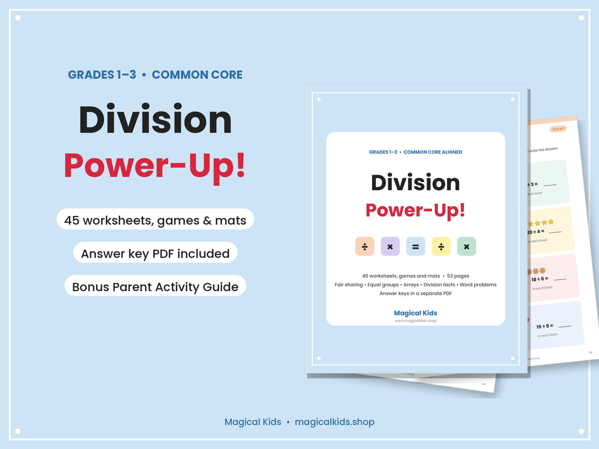 Division Power-Up! Grades 1–3 Math Worksheets | Common Core Aligned | Printable PDF + Answer Key + Parent Guide