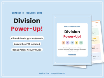 Division Power-Up! Grades 1–3 Math Worksheets | Common Core Aligned | Printable PDF + Answer Key + Parent Guide