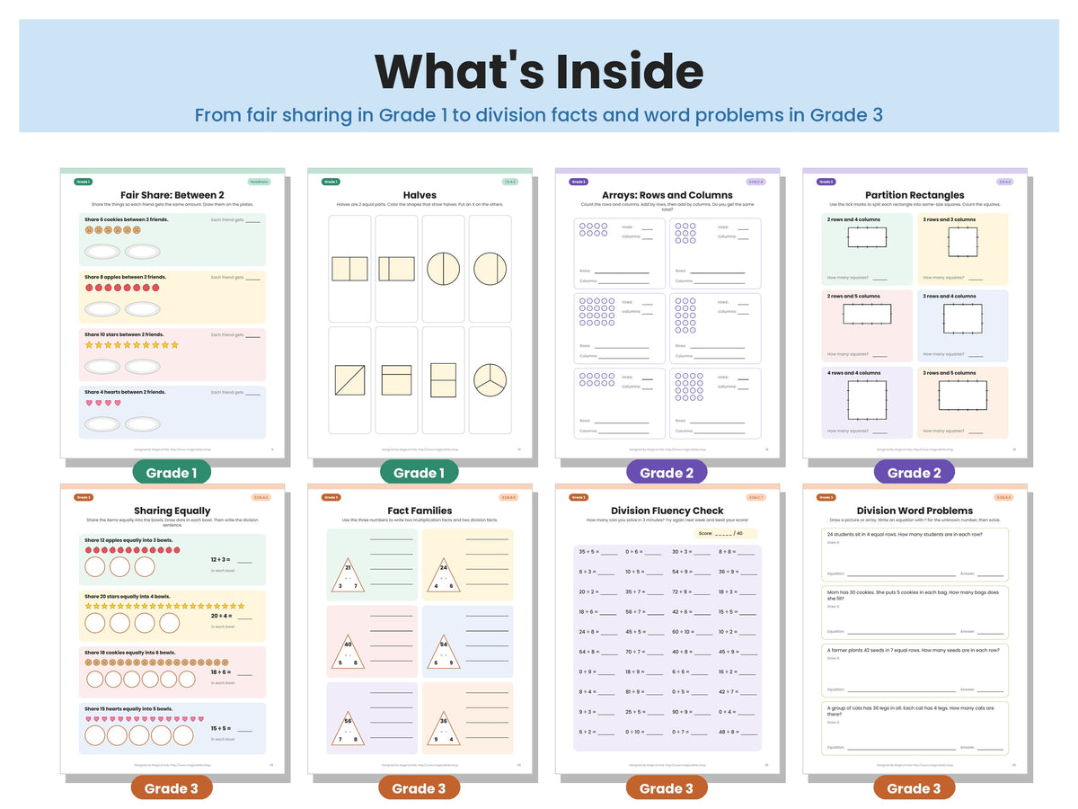 Division Power-Up! Grades 1–3 Math Worksheets | Common Core Aligned | Printable PDF + Answer Key + Parent Guide