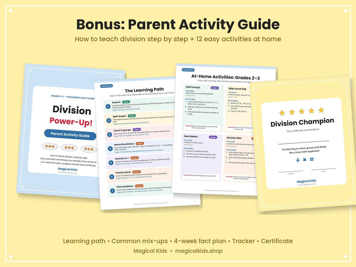 Division Power-Up! Grades 1–3 Math Worksheets | Common Core Aligned | Printable PDF + Answer Key + Parent Guide