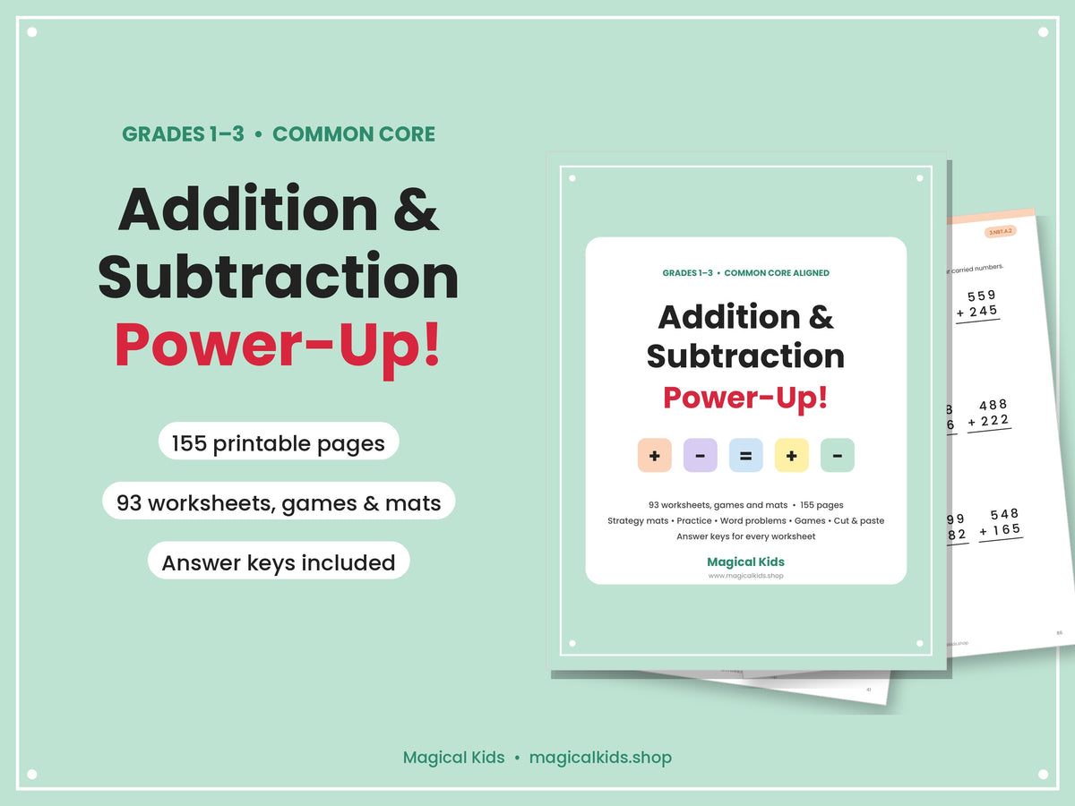 Addition & Subtraction Power-Up! Grades 1–3 Math Worksheets | Common Core Aligned | Printable PDF with Answer Keys