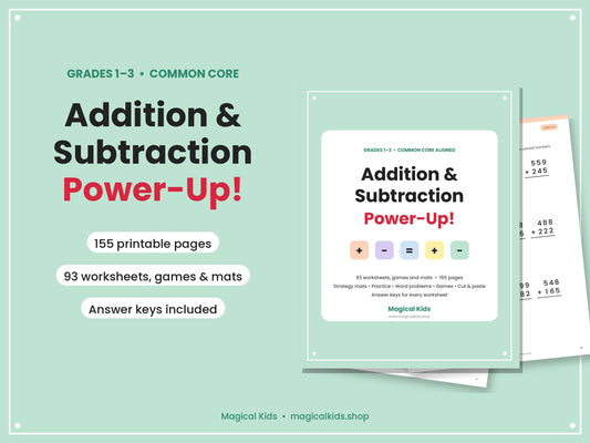 Addition & Subtraction Power-Up! Grades 1–3 Math Worksheets | Common Core Aligned | Printable PDF with Answer Keys