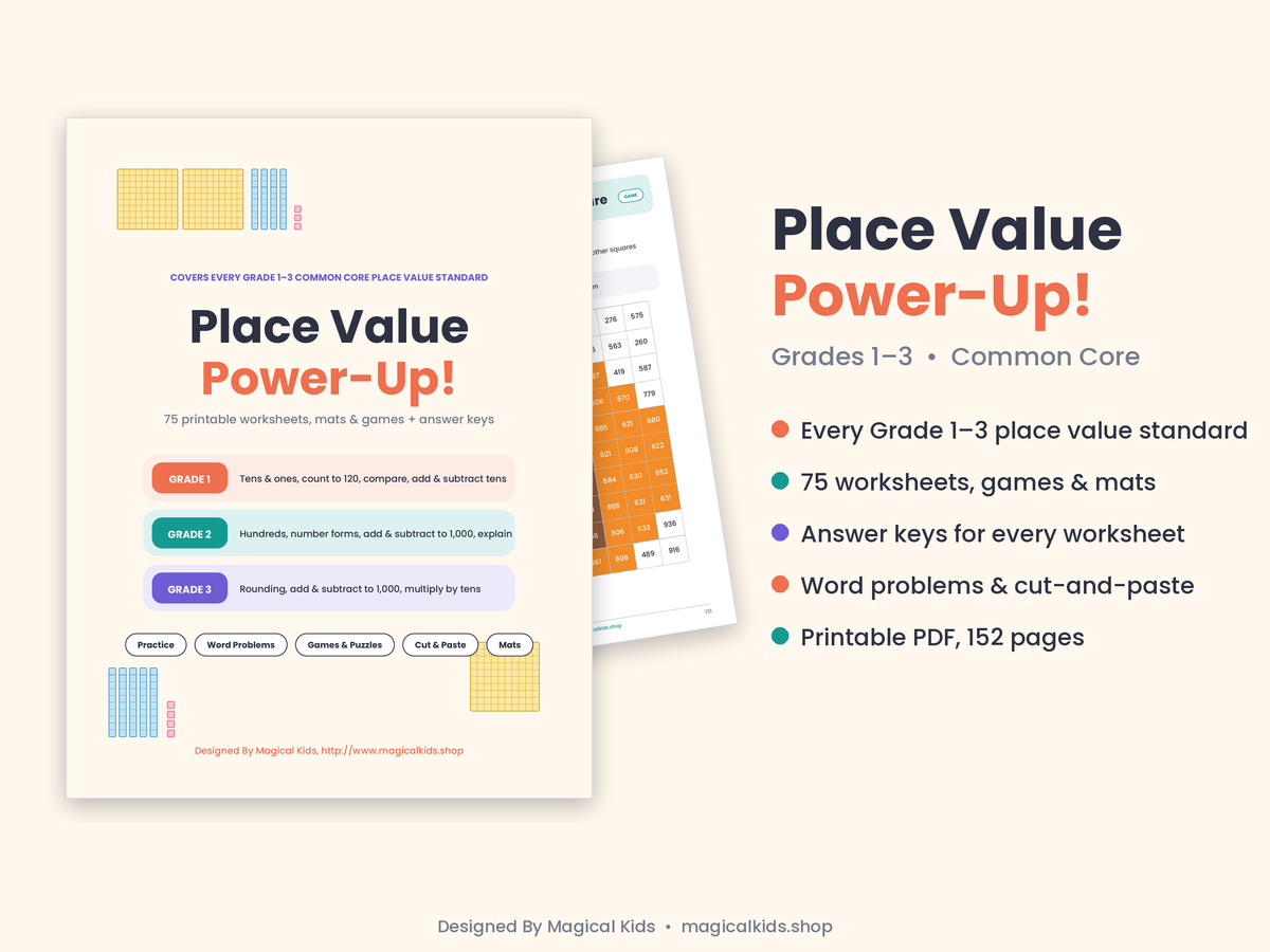 Place Value Power-Up! Grades 1–3 Math Worksheets | Common Core Aligned | Printable PDF with Answer Keys