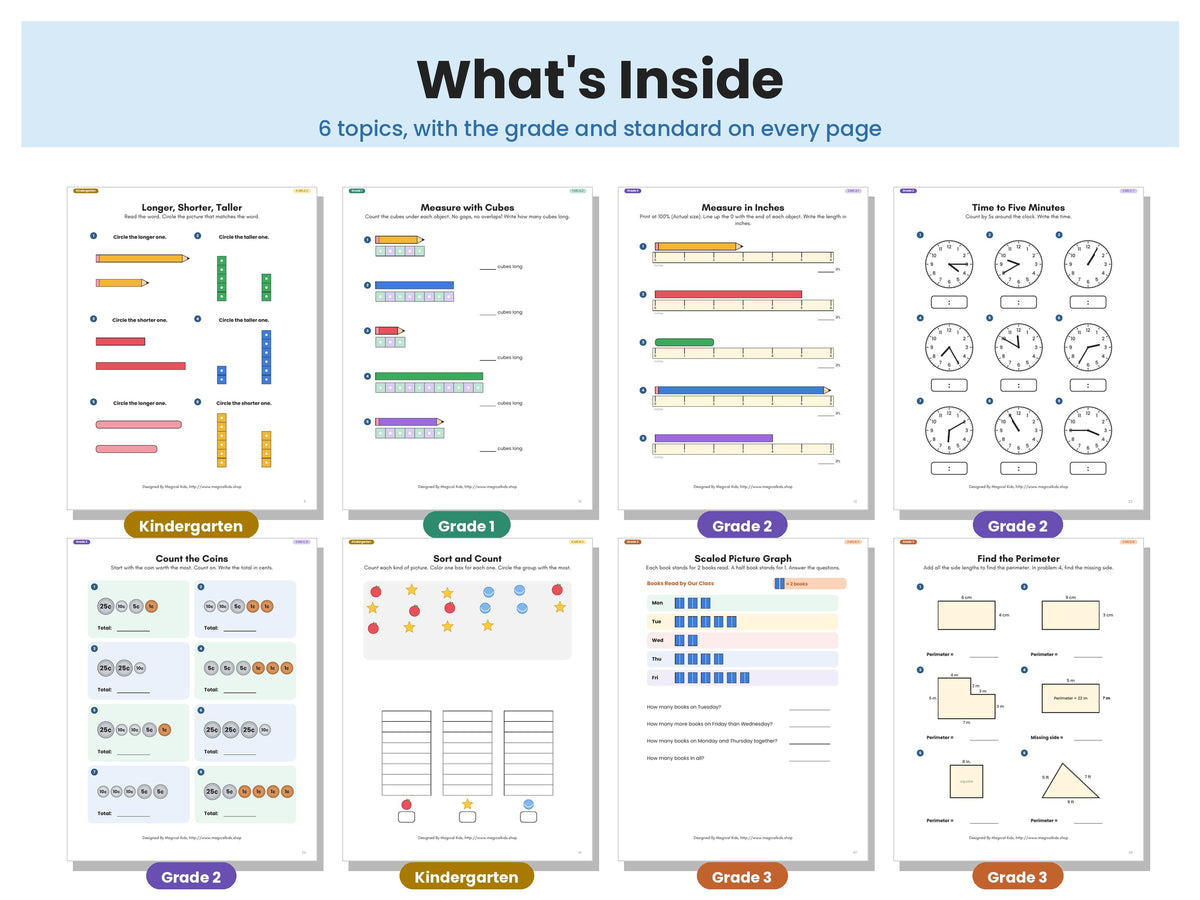 Measurement & Data | K–3 Worksheets for Length, Time, Money & Graphs | Common Core
